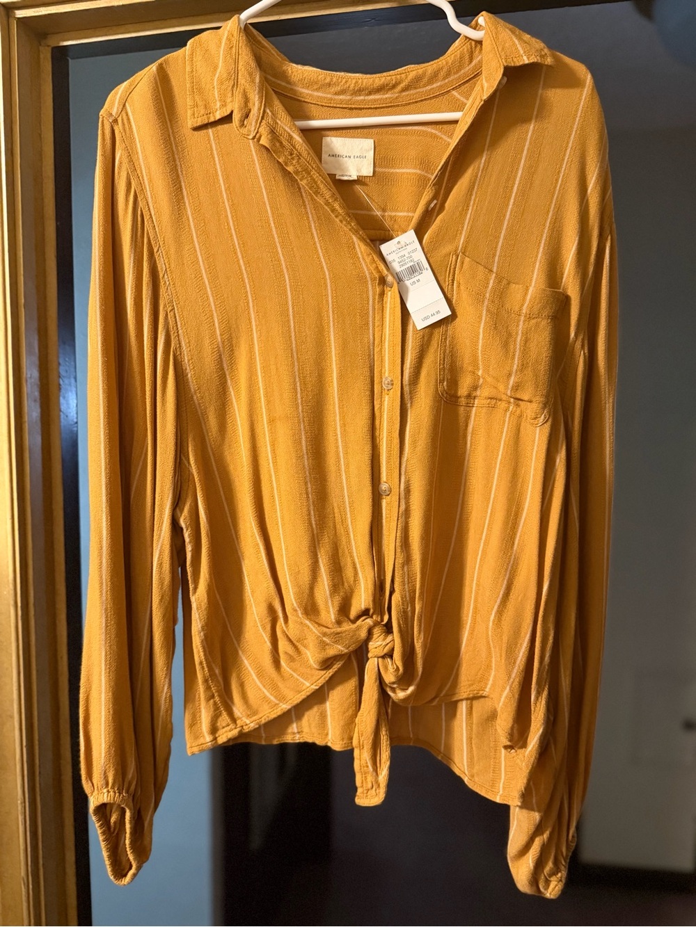 American Eagle Outfitters Mustard Yellow Button-Front Tie Hem Blouse